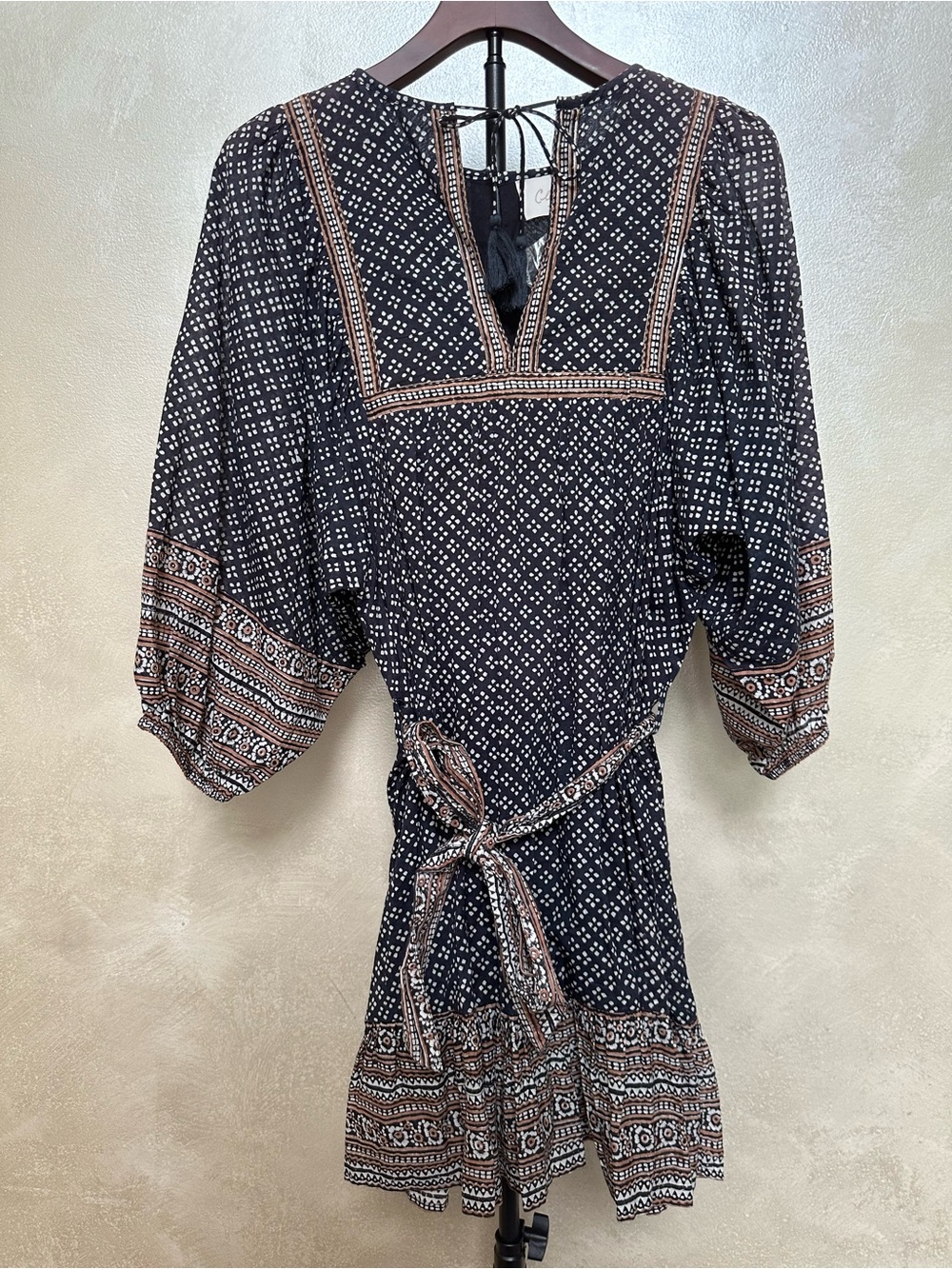 Cleobella Magdalena Block Print Boho Tassel Tie Mini Dress NWT Size Medium
